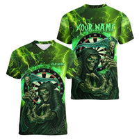 Grim Reaper and Dartboard Darts Women V-Neck T-Shirt with Green Lightning Background and Custom Team Name - Wonder Print Shop