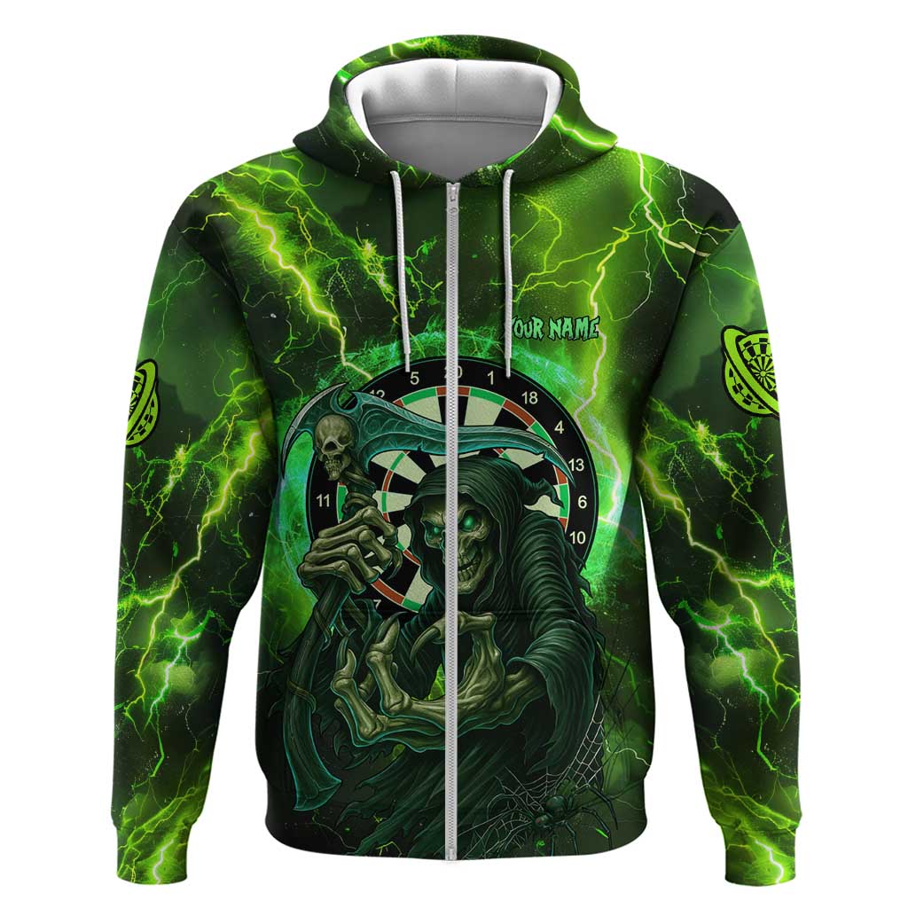 Grim Reaper and Dartboard Darts Zip Hoodie with Green Lightning Background and Custom Team Name - Wonder Print Shop