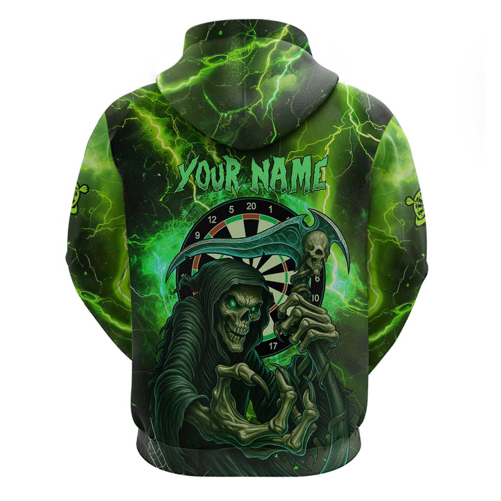 Grim Reaper and Dartboard Darts Zip Hoodie with Green Lightning Background and Custom Team Name - Wonder Print Shop