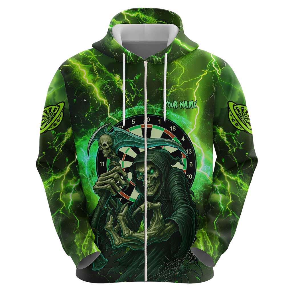 Grim Reaper and Dartboard Darts Zip Hoodie with Green Lightning Background and Custom Team Name - Wonder Print Shop