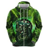 Grim Reaper and Dartboard Darts Zip Hoodie with Green Lightning Background and Custom Team Name - Wonder Print Shop