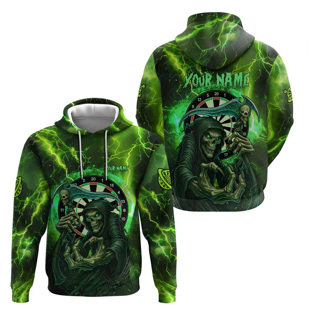 Grim Reaper and Dartboard Darts Zip Hoodie with Green Lightning Background and Custom Team Name - Wonder Print Shop