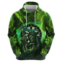 Grim Reaper and Dartboard Darts Zip Hoodie with Green Lightning Background and Custom Team Name - Wonder Print Shop