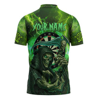 Grim Reaper and Dartboard Darts Zipper Polo Shirt with Green Lightning Background and Custom Team Name - Wonder Print Shop