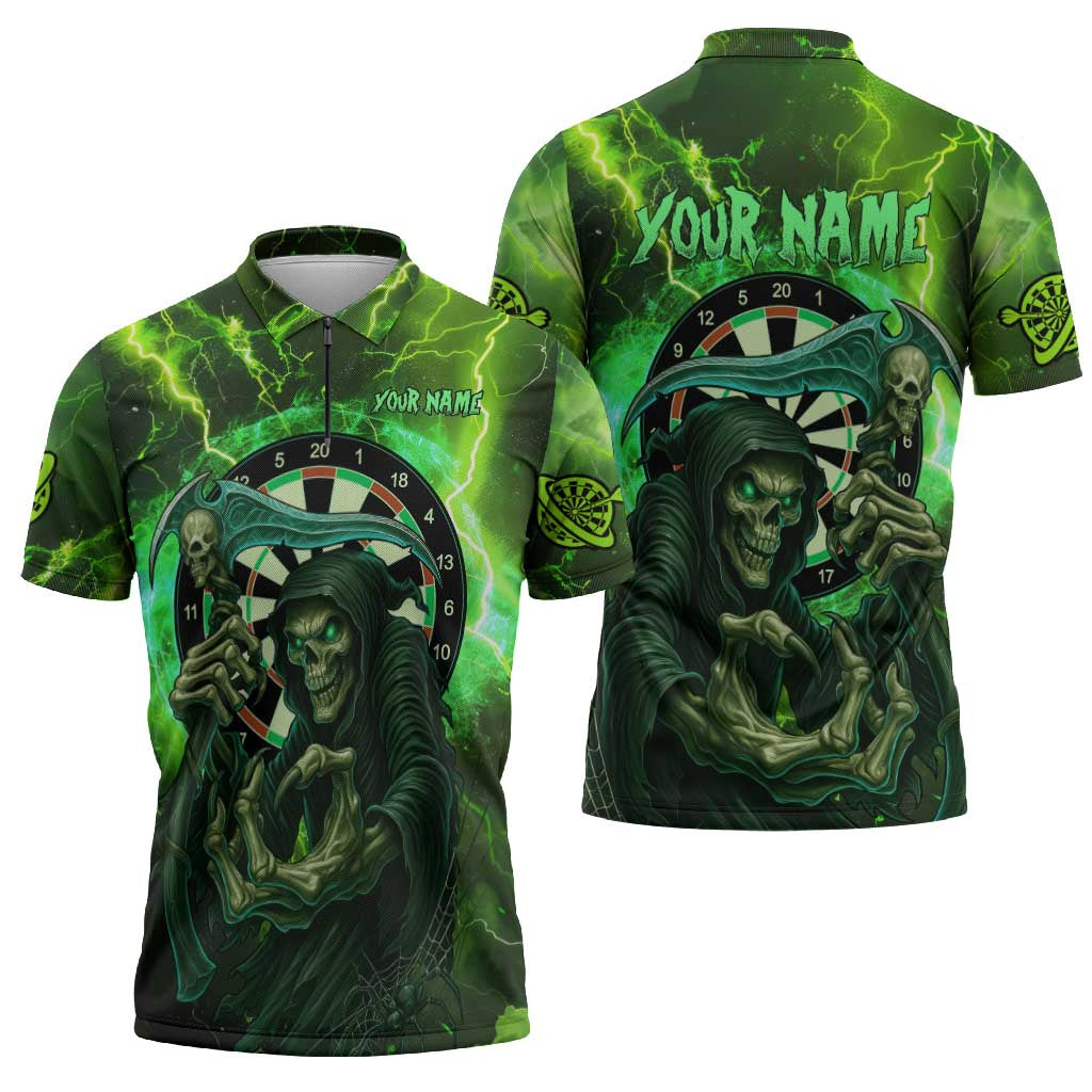 Grim Reaper and Dartboard Darts Zipper Polo Shirt with Green Lightning Background and Custom Team Name - Wonder Print Shop