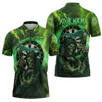 Grim Reaper and Dartboard Darts Zipper Polo Shirt with Green Lightning Background and Custom Team Name - Wonder Print Shop