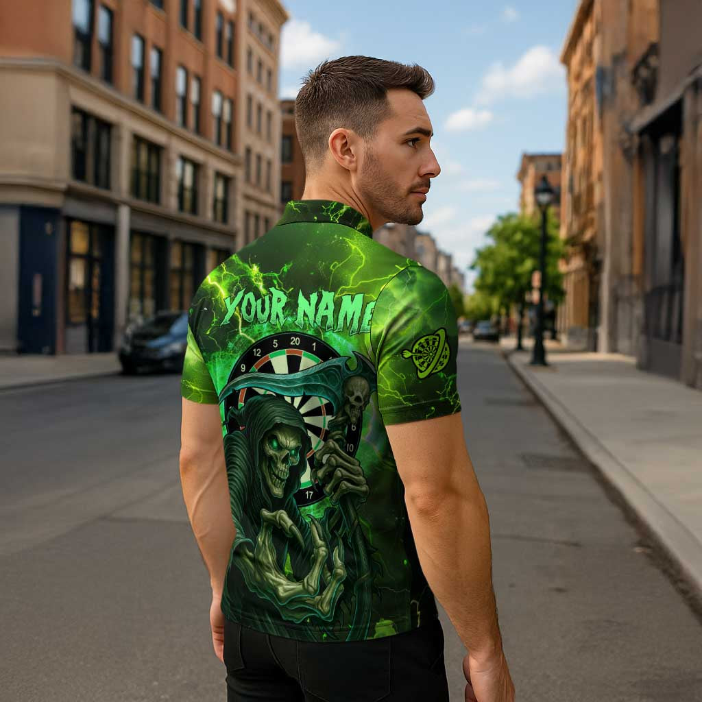 Grim Reaper and Dartboard Darts Zipper Polo Shirt with Green Lightning Background and Custom Team Name - Wonder Print Shop