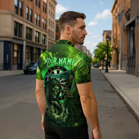 Grim Reaper and Dartboard Darts Zipper Polo Shirt with Green Lightning Background and Custom Team Name - Wonder Print Shop