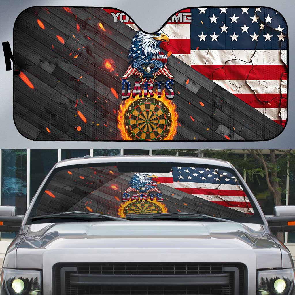 Custom American Flag and Bald Eagle Darts Auto Sun Shade with Flaming Dartboard - Wonder Print Shop