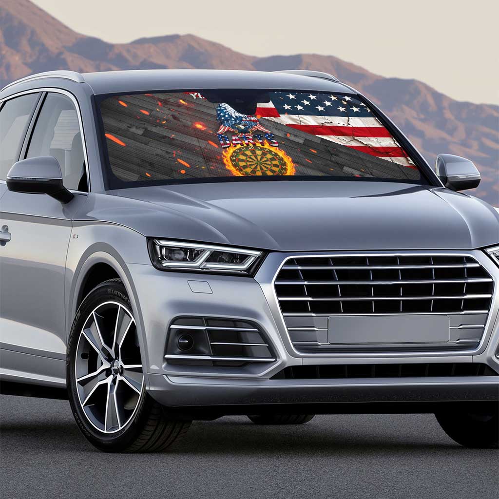 Custom American Flag and Bald Eagle Darts Auto Sun Shade with Flaming Dartboard - Wonder Print Shop