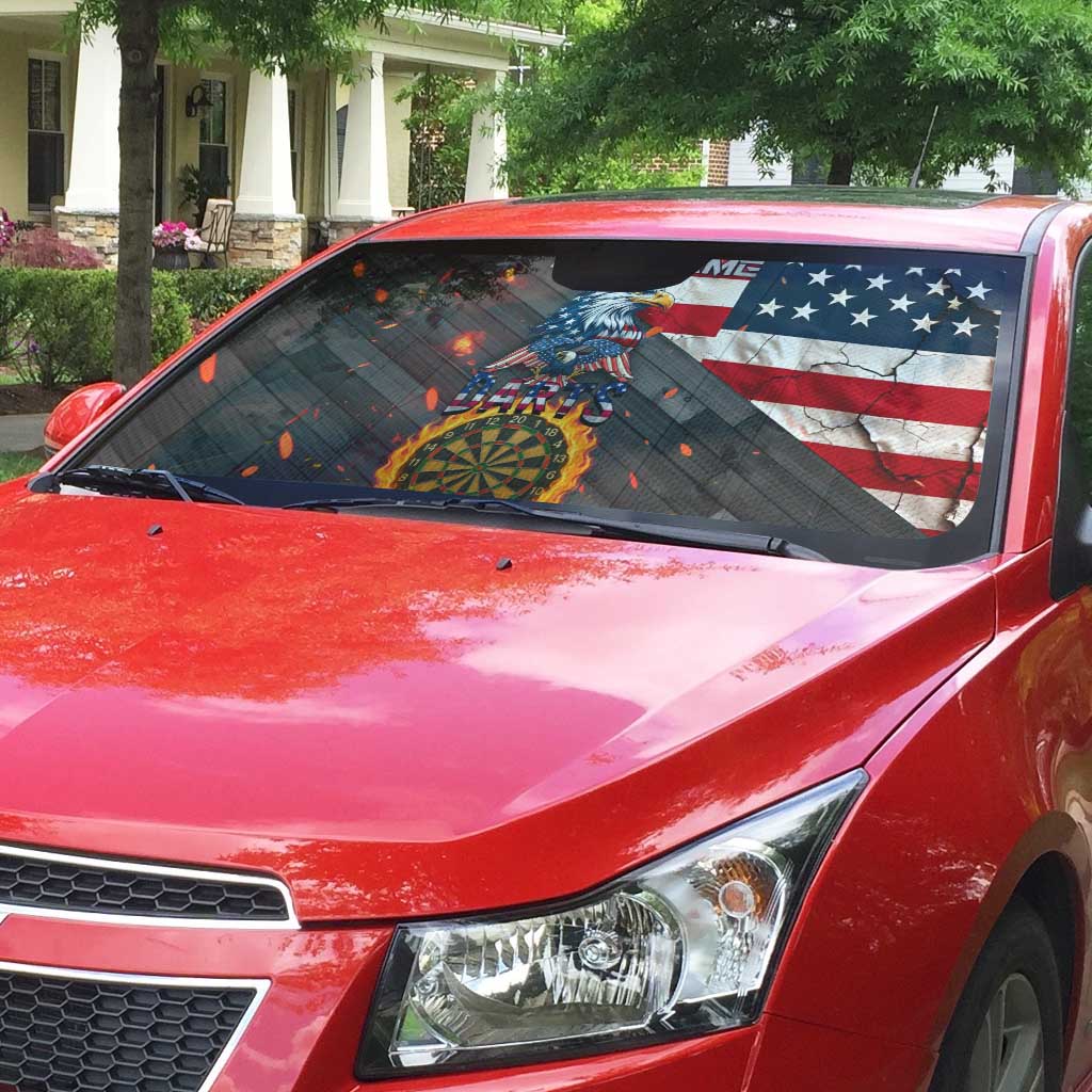 Custom American Flag and Bald Eagle Darts Auto Sun Shade with Flaming Dartboard - Wonder Print Shop