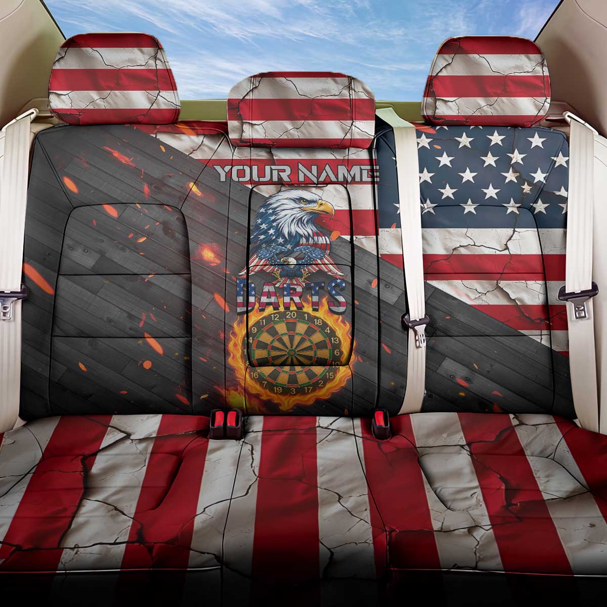 Custom American Flag and Bald Eagle Darts Back Car Seat Cover with Flaming Dartboard - Wonder Print Shop