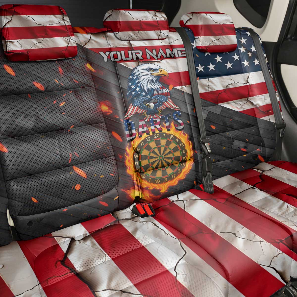 Custom American Flag and Bald Eagle Darts Back Car Seat Cover with Flaming Dartboard - Wonder Print Shop