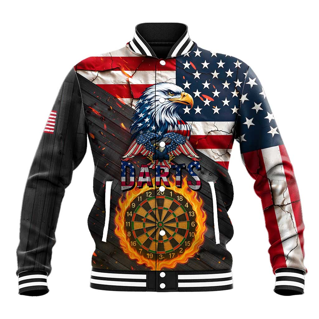 Custom American Flag and Bald Eagle Darts Baseball Jacket with Flaming Dartboard - Wonder Print Shop