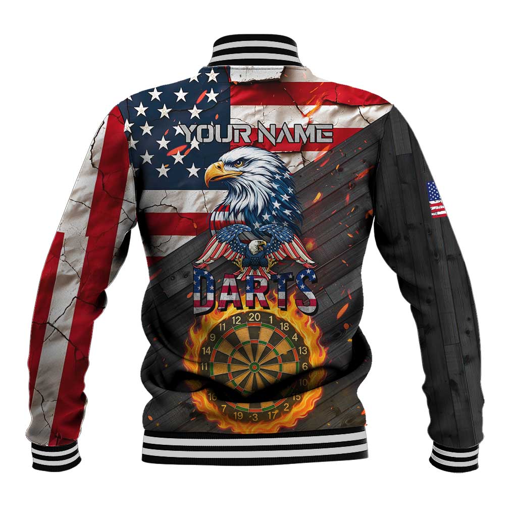 Custom American Flag and Bald Eagle Darts Baseball Jacket with Flaming Dartboard - Wonder Print Shop