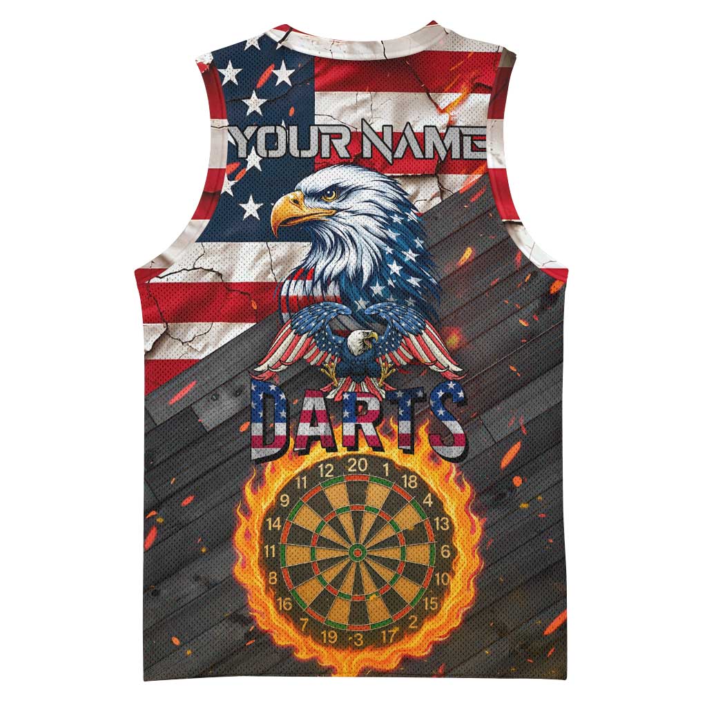 Custom American Flag and Bald Eagle Darts Basketball Jersey with Flaming Dartboard - Wonder Print Shop