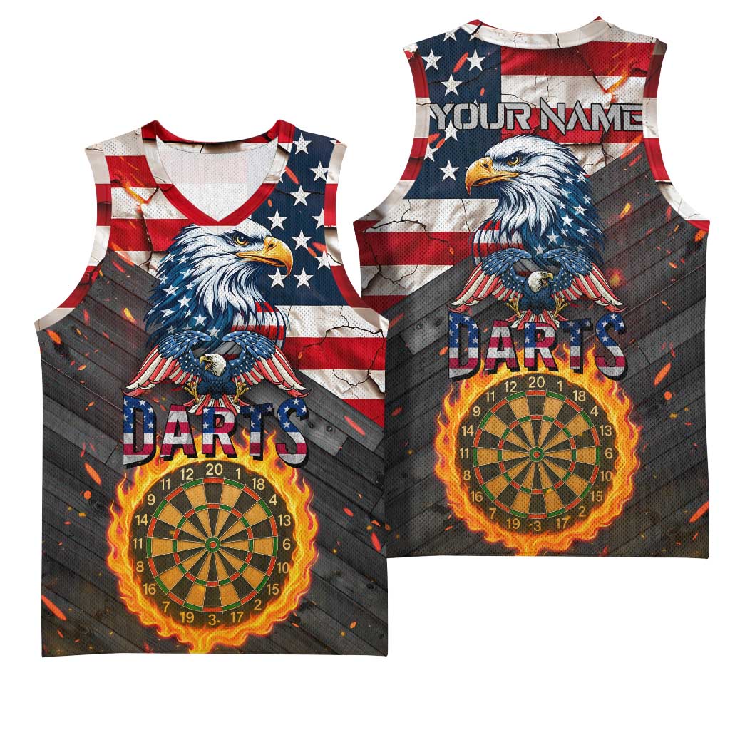 Custom American Flag and Bald Eagle Darts Basketball Jersey with Flaming Dartboard - Wonder Print Shop