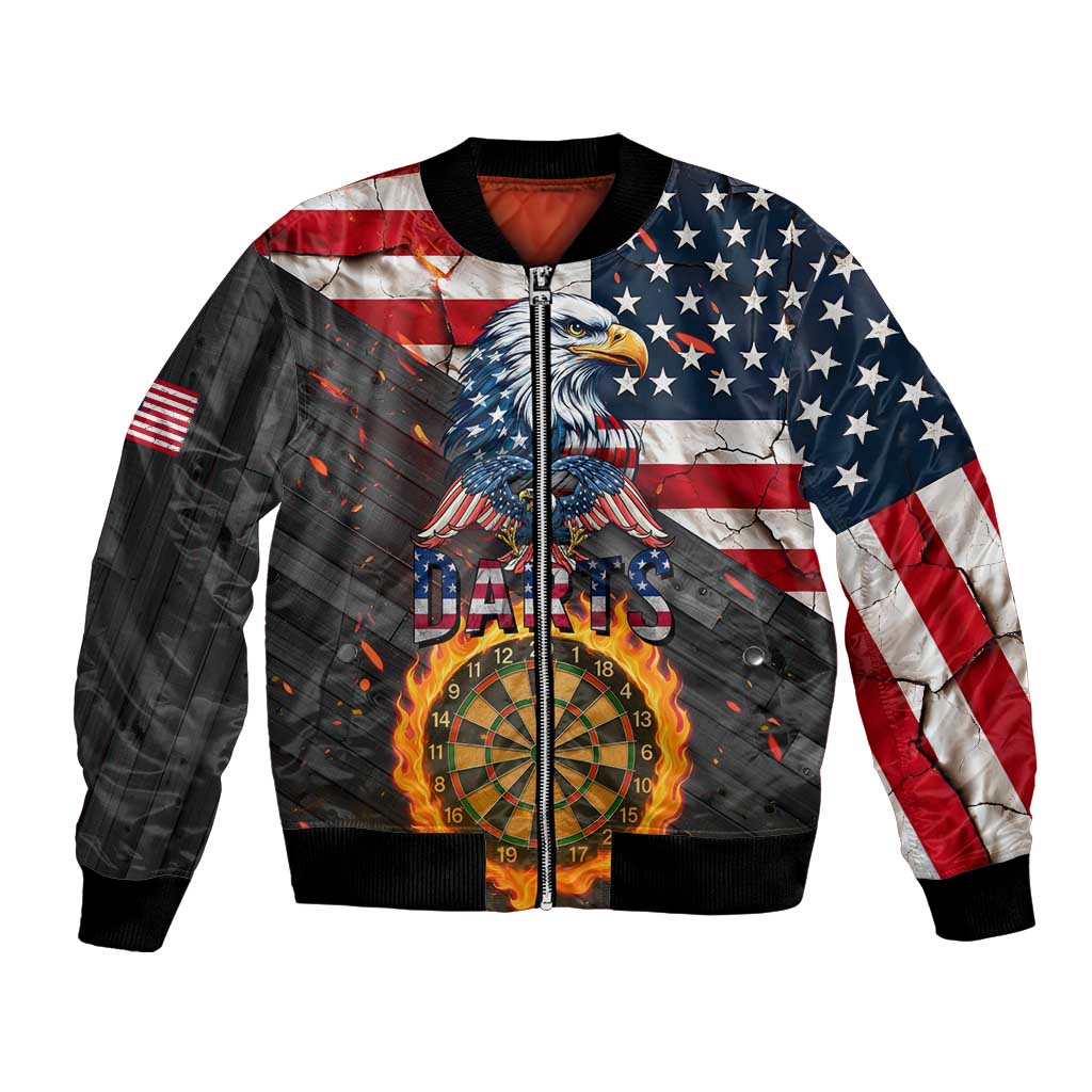 Custom American Flag and Bald Eagle Darts Bomber Jacket with Flaming Dartboard - Wonder Print Shop
