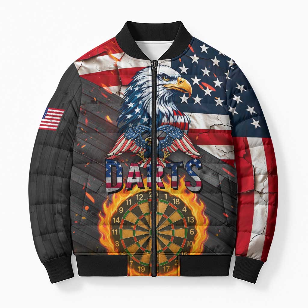Custom American Flag and Bald Eagle Darts Bomber Puffer Jacket with Flaming Dartboard - Wonder Print Shop