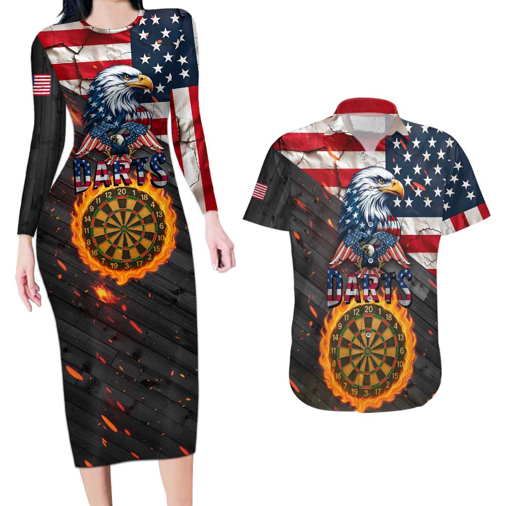 Custom American Flag and Bald Eagle Darts Couples Matching Long Sleeve Bodycon Dress and Hawaiian Shirt with Flaming Dartboard - Wonder Print Shop