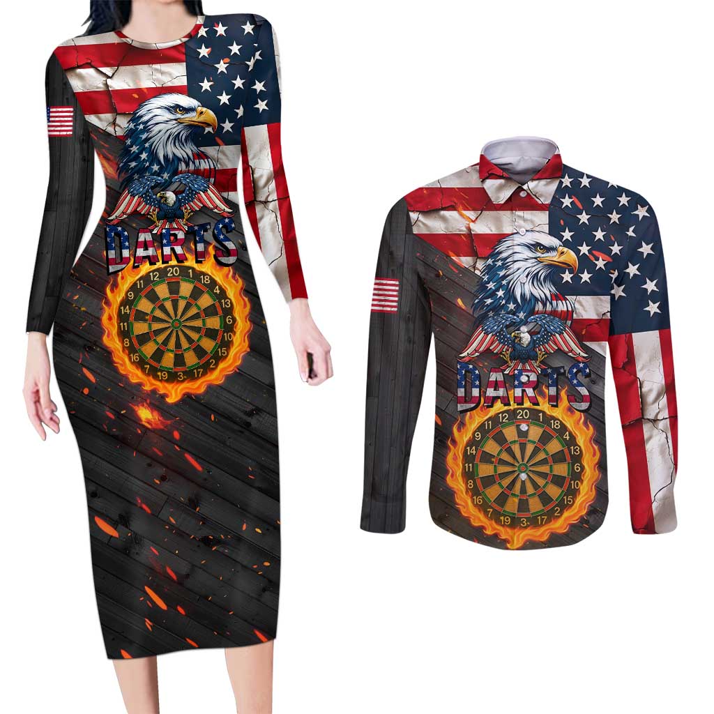 Custom American Flag and Bald Eagle Darts Couples Matching Long Sleeve Bodycon Dress and Long Sleeve Button Shirt with Flaming Dartboard - Wonder Print Shop