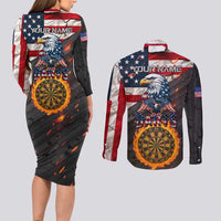 Custom American Flag and Bald Eagle Darts Couples Matching Long Sleeve Bodycon Dress and Long Sleeve Button Shirt with Flaming Dartboard - Wonder Print Shop
