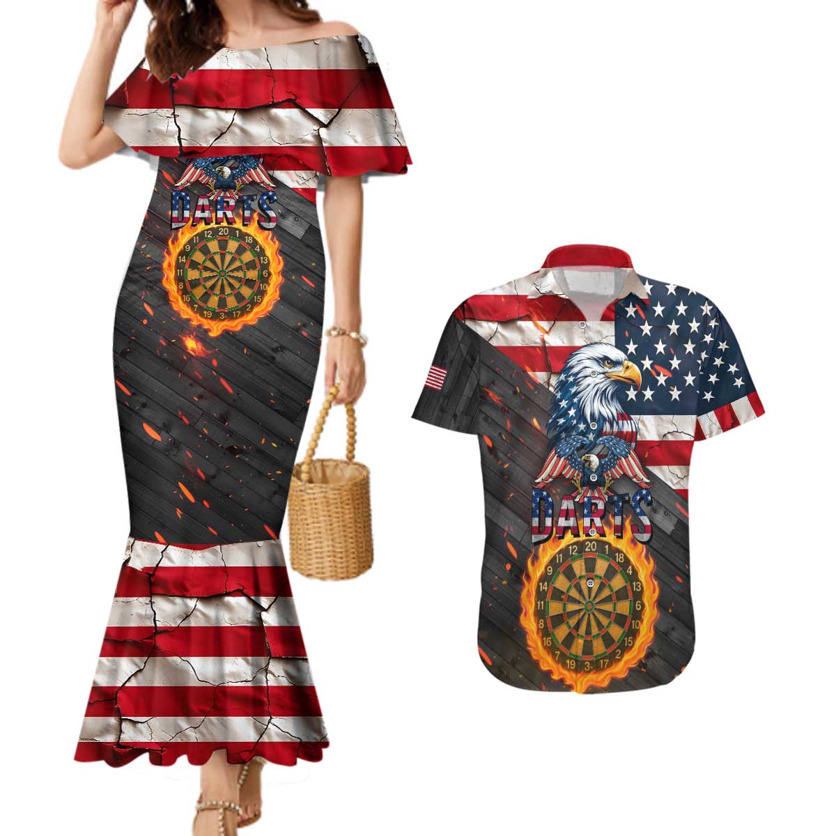 Custom American Flag and Bald Eagle Darts Couples Matching Mermaid Dress and Hawaiian Shirt with Flaming Dartboard - Wonder Print Shop