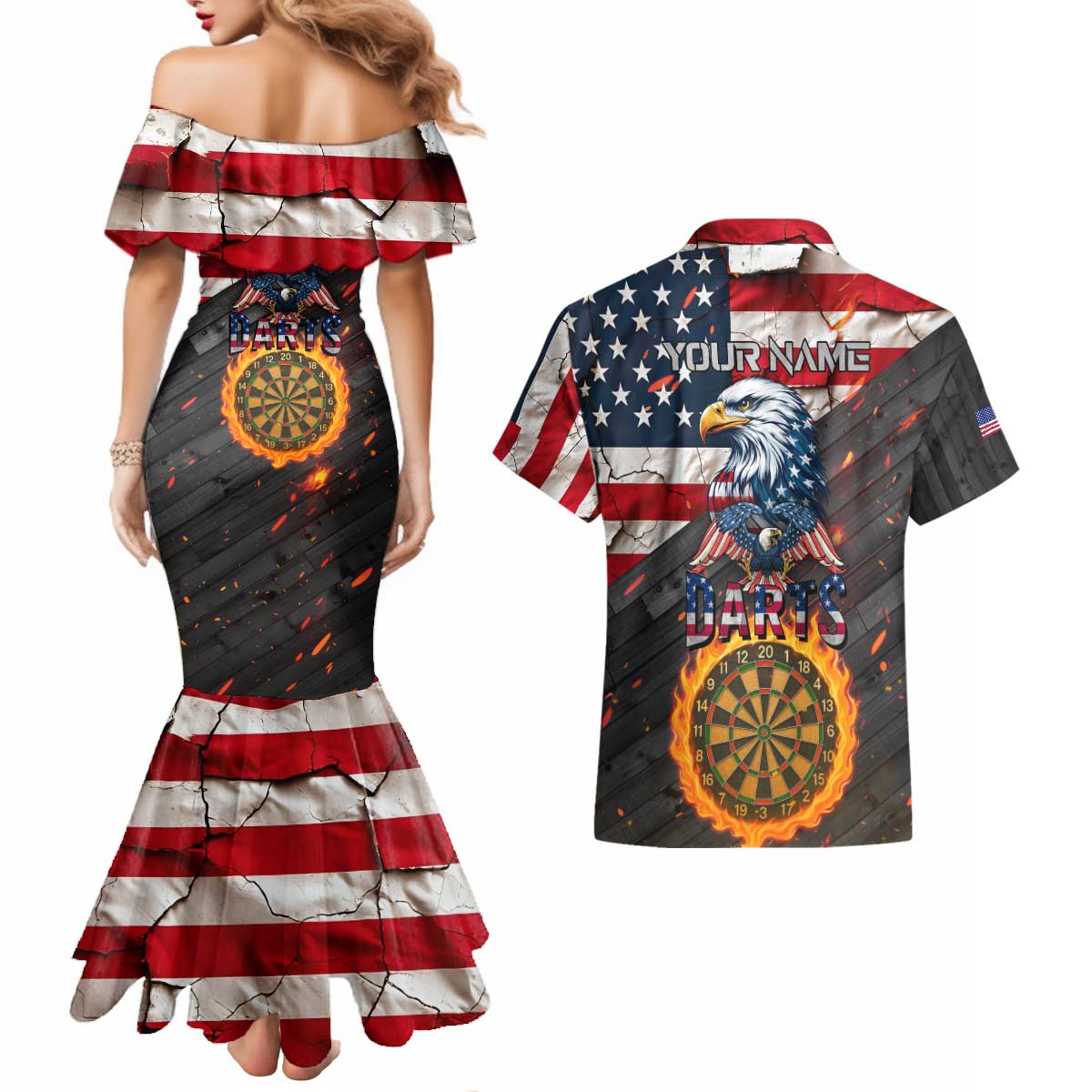 Custom American Flag and Bald Eagle Darts Couples Matching Mermaid Dress and Hawaiian Shirt with Flaming Dartboard - Wonder Print Shop