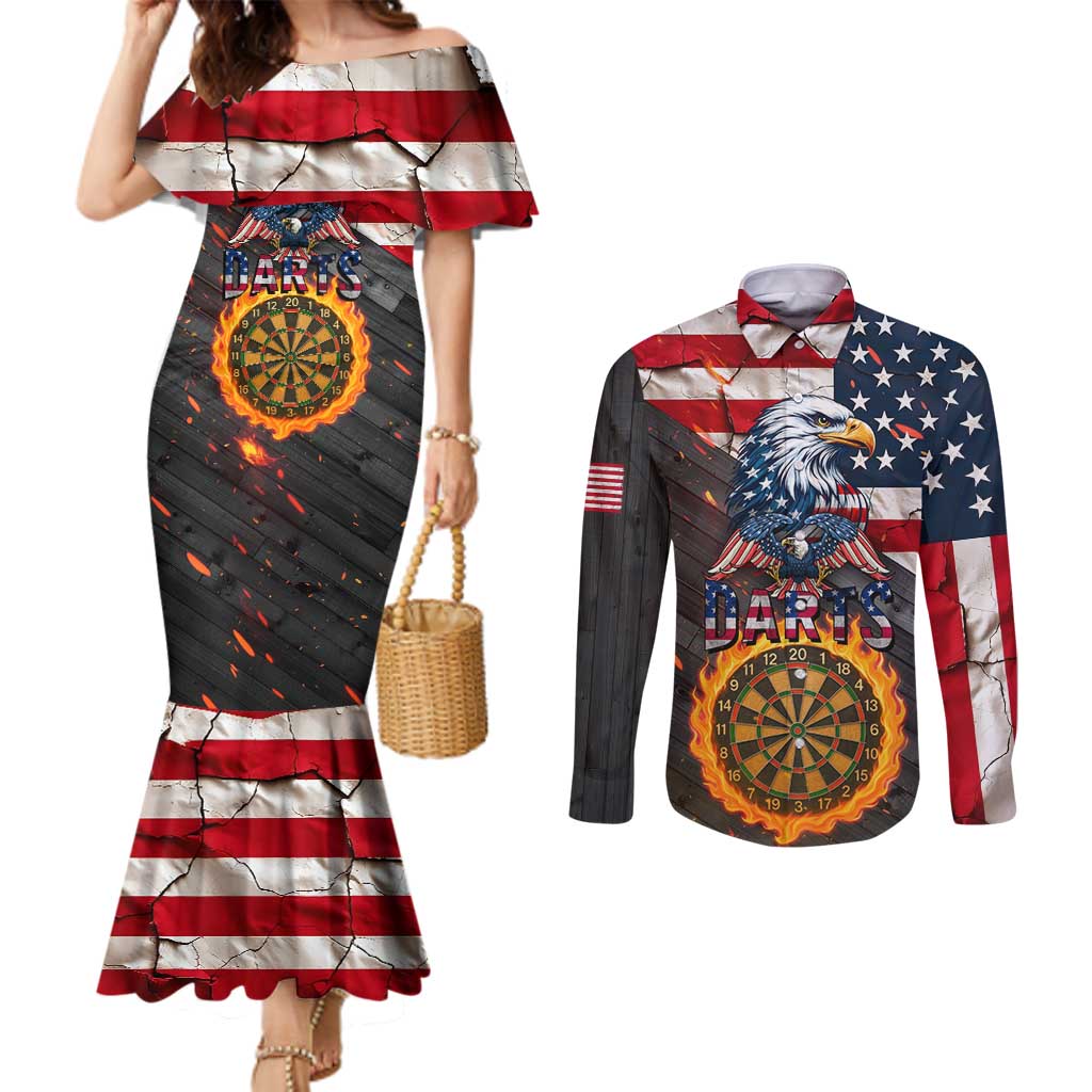 Custom American Flag and Bald Eagle Darts Couples Matching Mermaid Dress and Long Sleeve Button Shirt with Flaming Dartboard - Wonder Print Shop