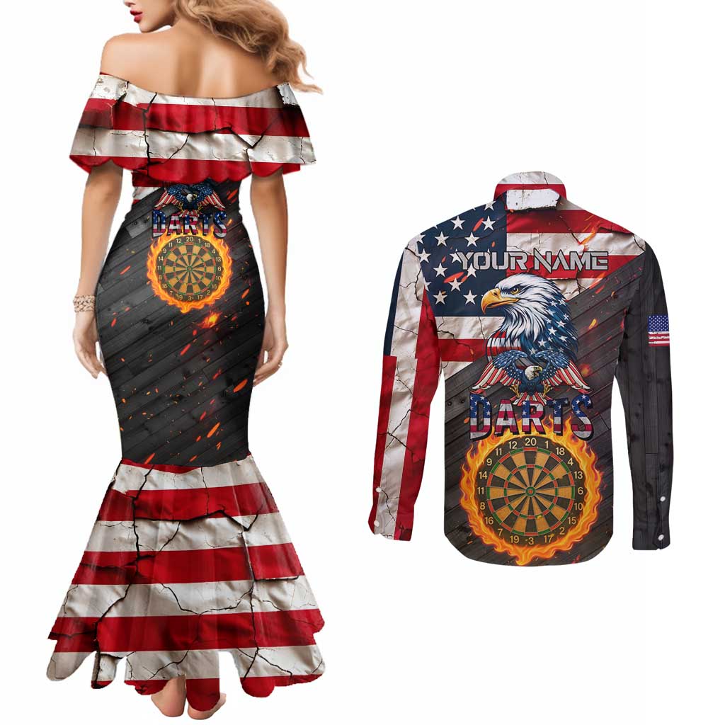 Custom American Flag and Bald Eagle Darts Couples Matching Mermaid Dress and Long Sleeve Button Shirt with Flaming Dartboard - Wonder Print Shop