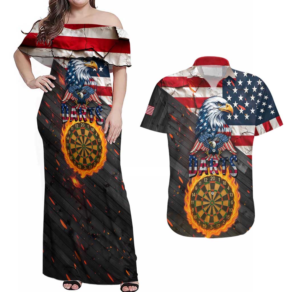 Custom American Flag and Bald Eagle Darts Couples Matching Off Shoulder Maxi Dress and Hawaiian Shirt with Flaming Dartboard - Wonder Print Shop