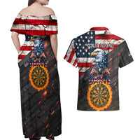 Custom American Flag and Bald Eagle Darts Couples Matching Off Shoulder Maxi Dress and Hawaiian Shirt with Flaming Dartboard - Wonder Print Shop