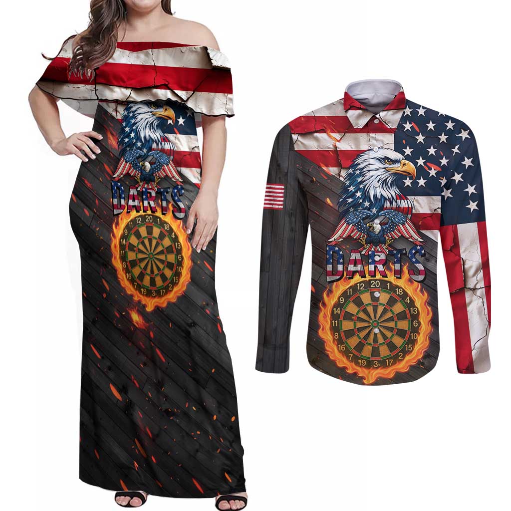 Custom American Flag and Bald Eagle Darts Couples Matching Off Shoulder Maxi Dress and Long Sleeve Button Shirt with Flaming Dartboard - Wonder Print Shop