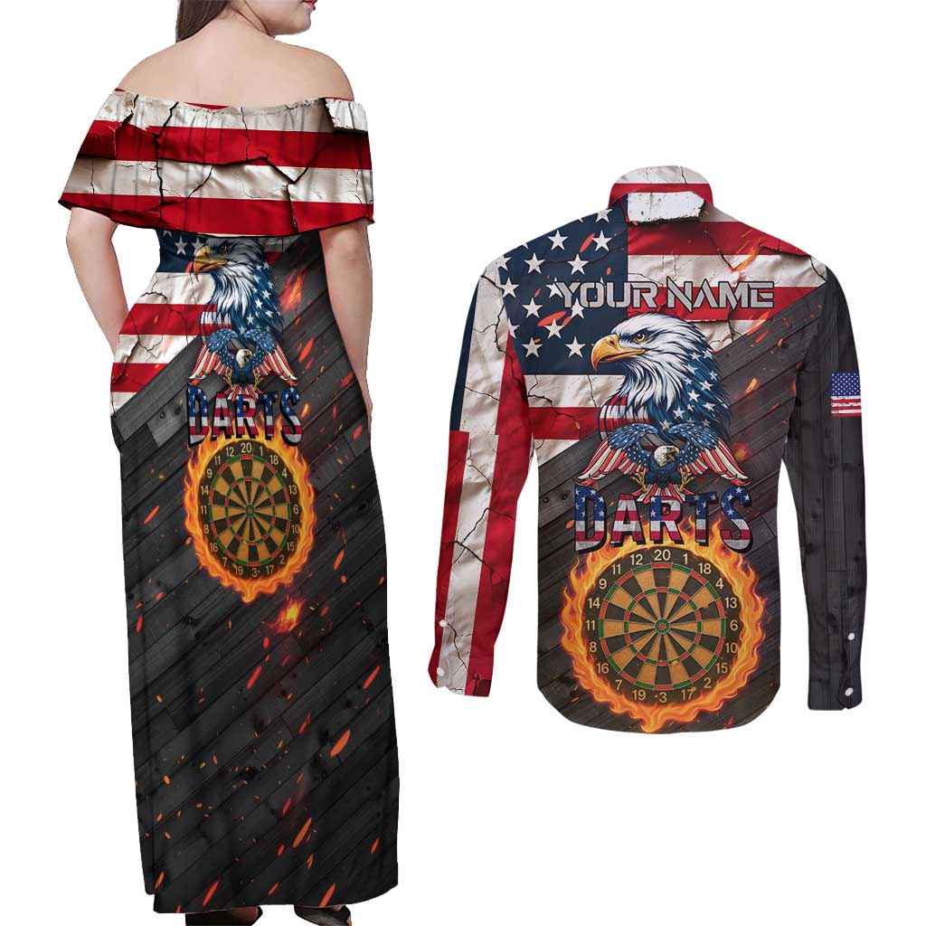 Custom American Flag and Bald Eagle Darts Couples Matching Off Shoulder Maxi Dress and Long Sleeve Button Shirt with Flaming Dartboard - Wonder Print Shop