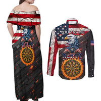 Custom American Flag and Bald Eagle Darts Couples Matching Off Shoulder Maxi Dress and Long Sleeve Button Shirt with Flaming Dartboard - Wonder Print Shop