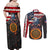 Custom American Flag and Bald Eagle Darts Couples Matching Off Shoulder Maxi Dress and Long Sleeve Button Shirt with Flaming Dartboard - Wonder Print Shop