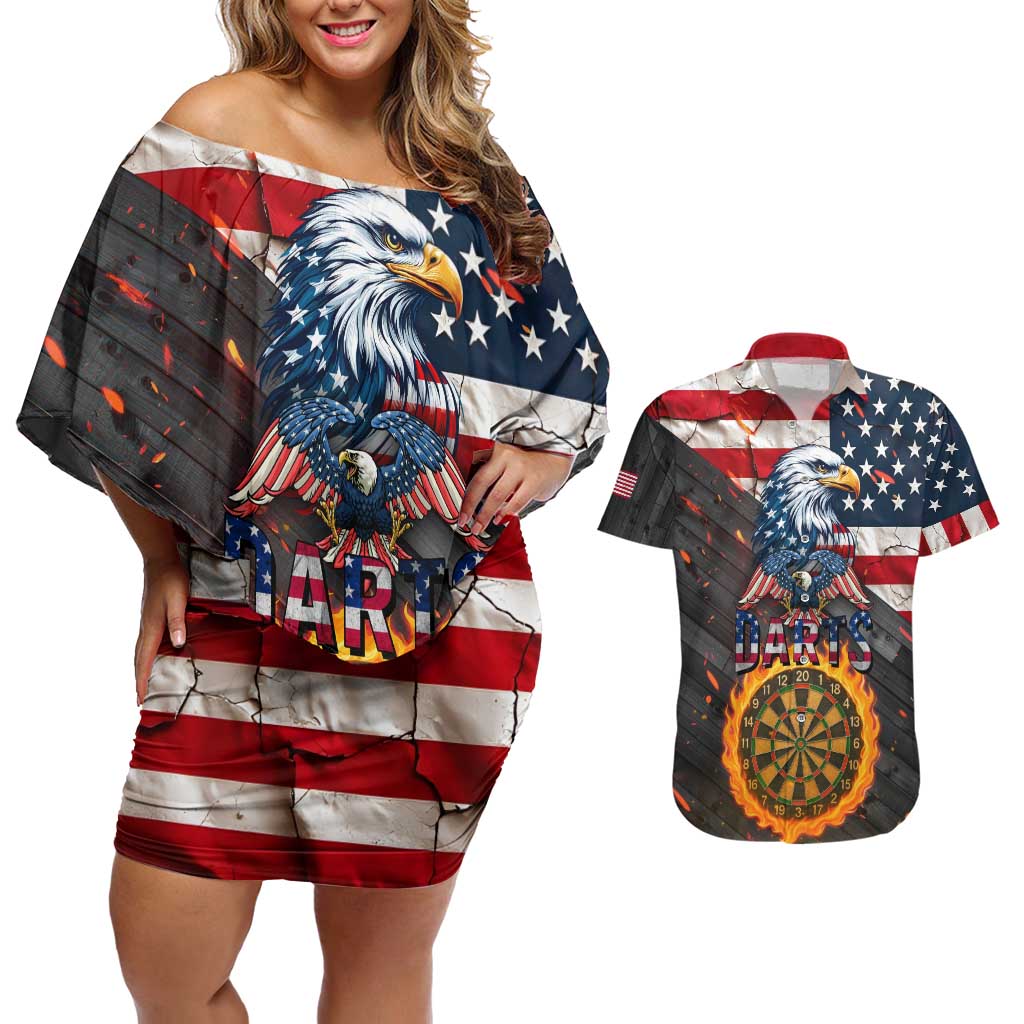 Custom American Flag and Bald Eagle Darts Couples Matching Off Shoulder Short Dress and Hawaiian Shirt with Flaming Dartboard - Wonder Print Shop