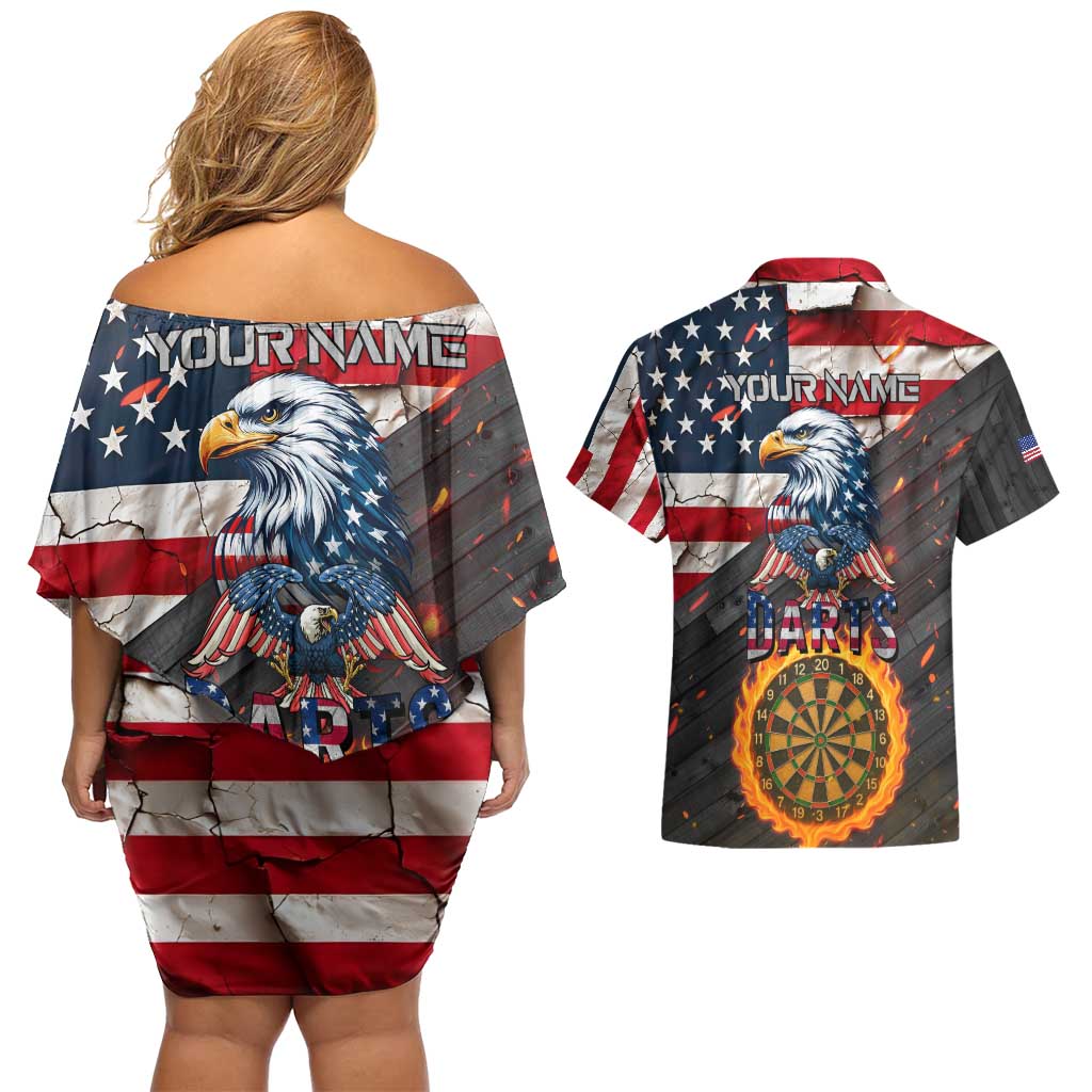 Custom American Flag and Bald Eagle Darts Couples Matching Off Shoulder Short Dress and Hawaiian Shirt with Flaming Dartboard - Wonder Print Shop