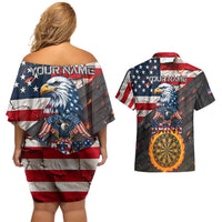 Custom American Flag and Bald Eagle Darts Couples Matching Off Shoulder Short Dress and Hawaiian Shirt with Flaming Dartboard - Wonder Print Shop