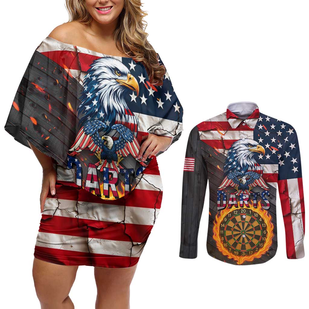 Custom American Flag and Bald Eagle Darts Couples Matching Off Shoulder Short Dress and Long Sleeve Button Shirt with Flaming Dartboard - Wonder Print Shop