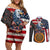 Custom American Flag and Bald Eagle Darts Couples Matching Off Shoulder Short Dress and Long Sleeve Button Shirt with Flaming Dartboard - Wonder Print Shop