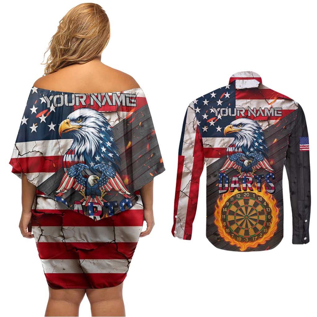 Custom American Flag and Bald Eagle Darts Couples Matching Off Shoulder Short Dress and Long Sleeve Button Shirt with Flaming Dartboard - Wonder Print Shop
