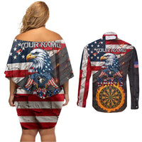Custom American Flag and Bald Eagle Darts Couples Matching Off Shoulder Short Dress and Long Sleeve Button Shirt with Flaming Dartboard - Wonder Print Shop