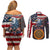 Custom American Flag and Bald Eagle Darts Couples Matching Off Shoulder Short Dress and Long Sleeve Button Shirt with Flaming Dartboard - Wonder Print Shop