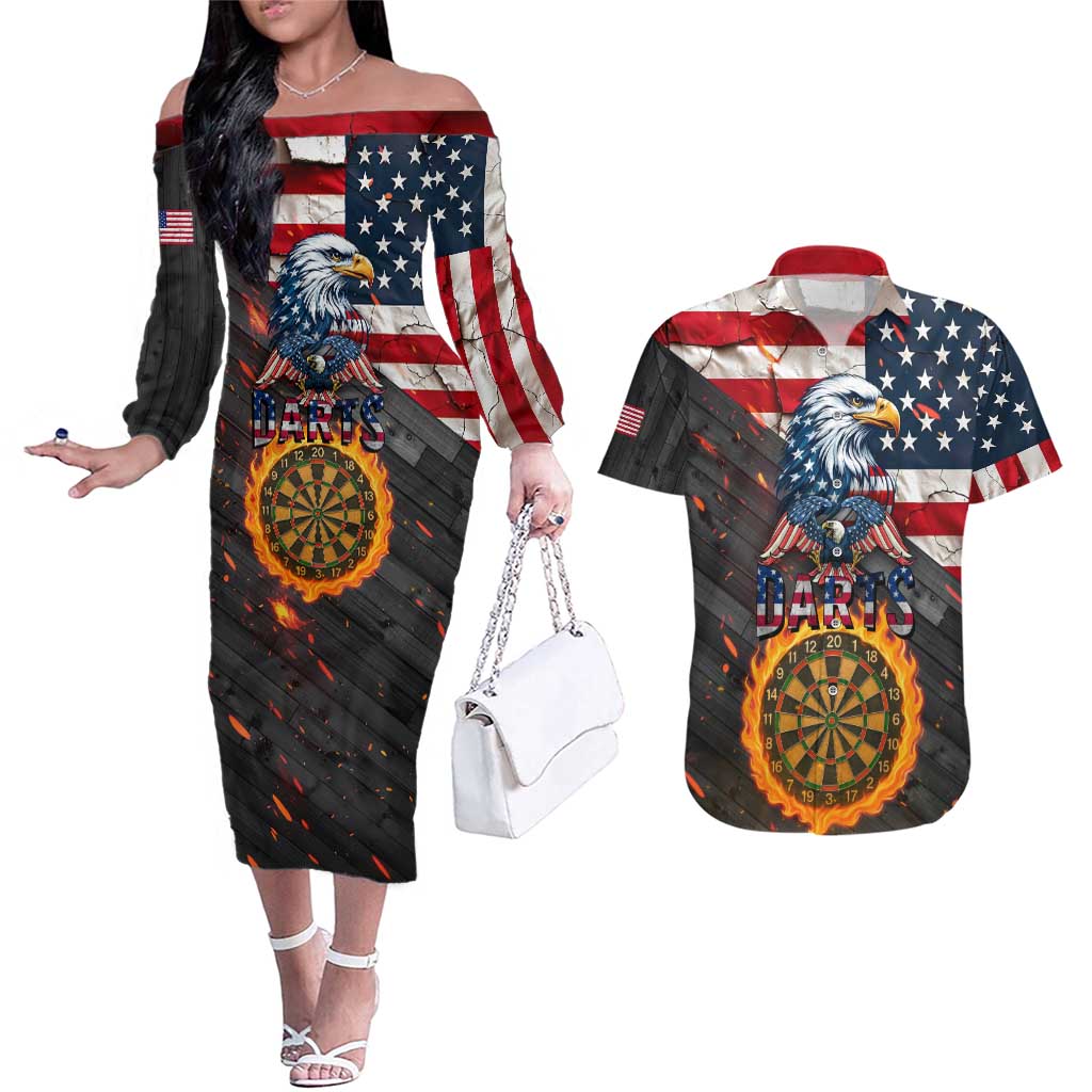 Custom American Flag and Bald Eagle Darts Couples Matching Off The Shoulder Long Sleeve Dress and Hawaiian Shirt with Flaming Dartboard - Wonder Print Shop