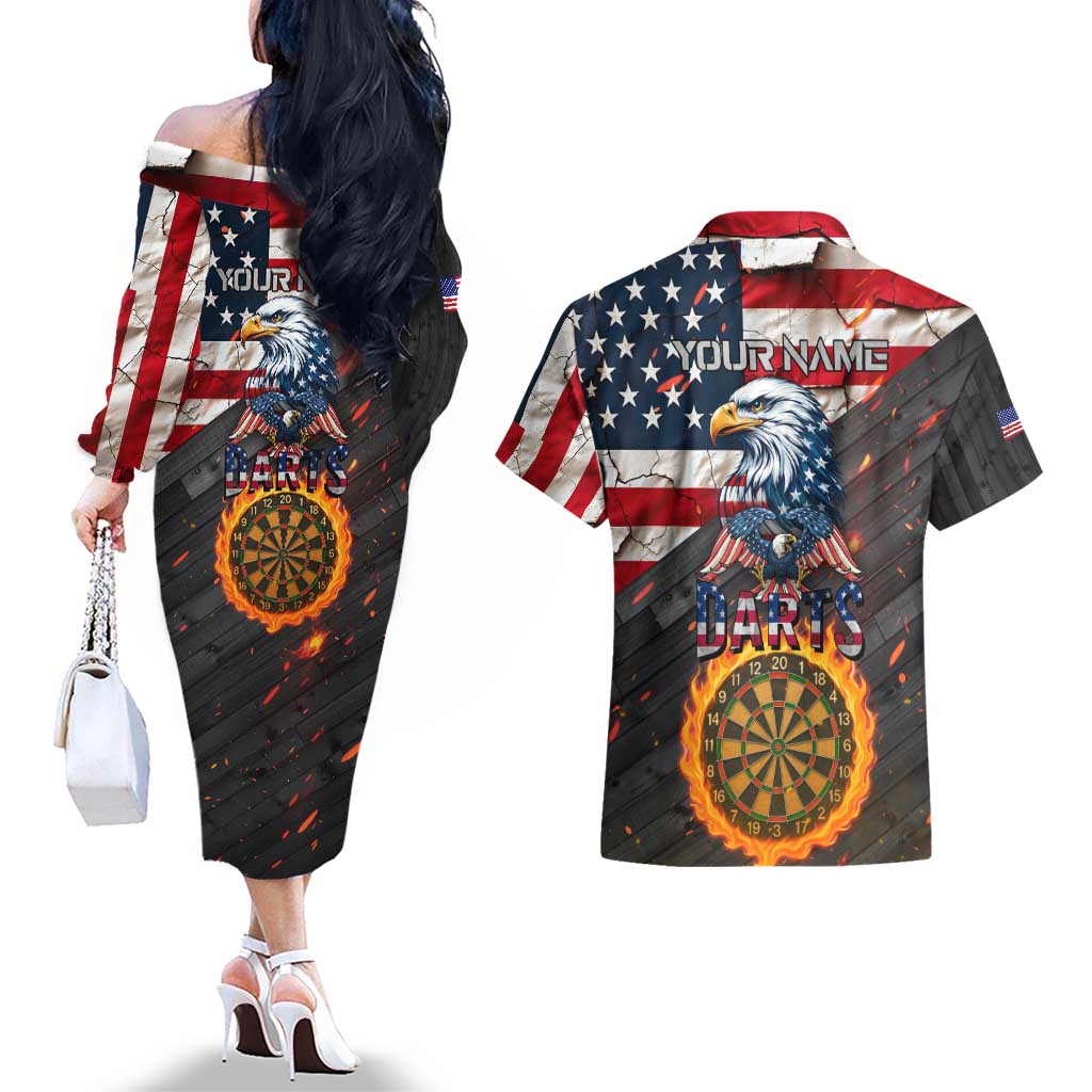 Custom American Flag and Bald Eagle Darts Couples Matching Off The Shoulder Long Sleeve Dress and Hawaiian Shirt with Flaming Dartboard - Wonder Print Shop