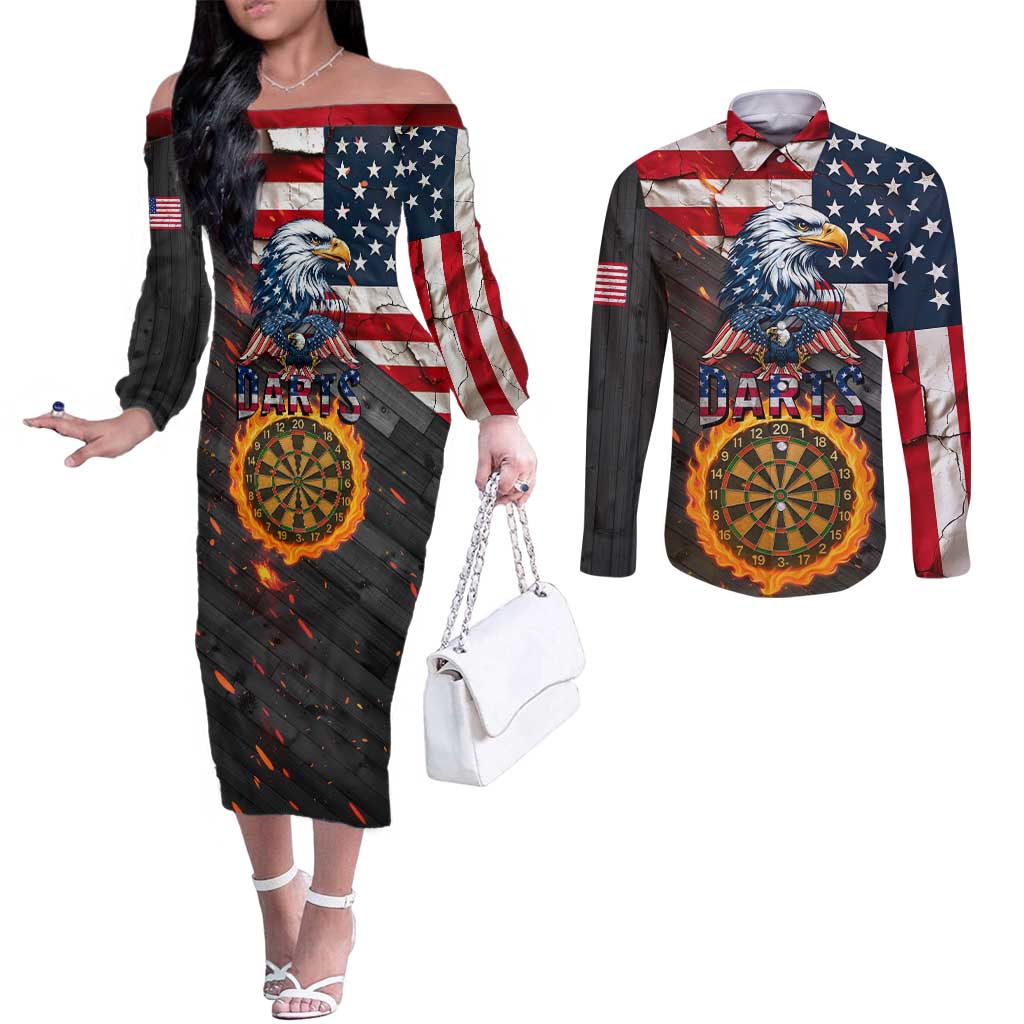 Custom American Flag and Bald Eagle Darts Couples Matching Off The Shoulder Long Sleeve Dress and Long Sleeve Button Shirt with Flaming Dartboard - Wonder Print Shop