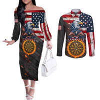 Custom American Flag and Bald Eagle Darts Couples Matching Off The Shoulder Long Sleeve Dress and Long Sleeve Button Shirt with Flaming Dartboard - Wonder Print Shop