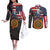 Custom American Flag and Bald Eagle Darts Couples Matching Off The Shoulder Long Sleeve Dress and Long Sleeve Button Shirt with Flaming Dartboard - Wonder Print Shop