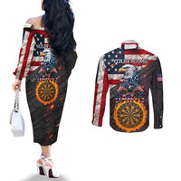 Custom American Flag and Bald Eagle Darts Couples Matching Off The Shoulder Long Sleeve Dress and Long Sleeve Button Shirt with Flaming Dartboard - Wonder Print Shop
